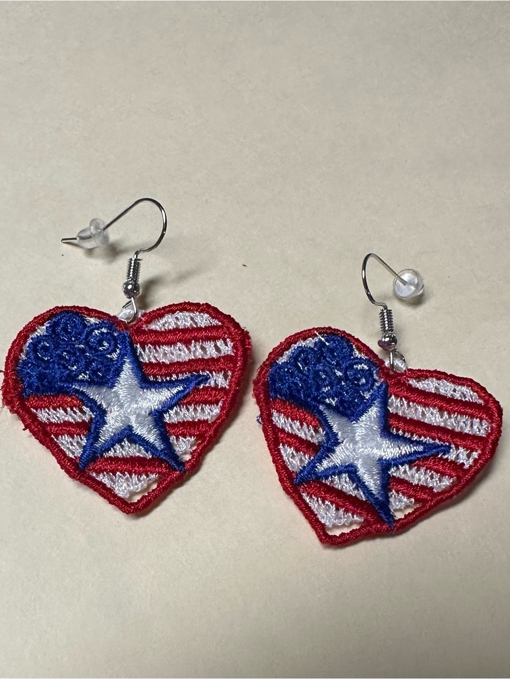 Patriotic Heart Star Dangle Earrings in Red, White & Blue
